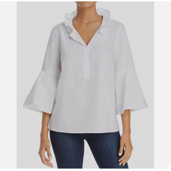 Le Gali White VNeck Ruffled Collar Jade Belle Sleeve Shirt - Picture 1 of 10